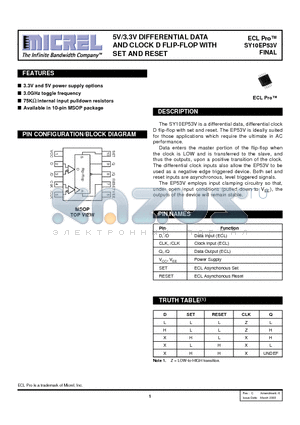 SY10EP53ZCTR datasheet - 5V/3.3V DIFFERENTIAL DATA AND CLOCK D FLIP-FLOP WITH SET AND RESET