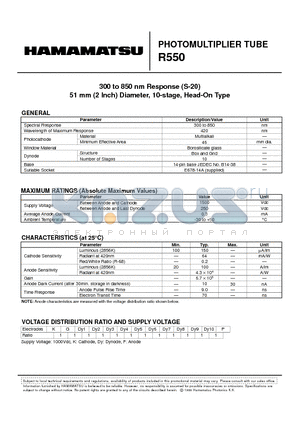 R550 datasheet - PHOTOMULTIPLIER TUBE