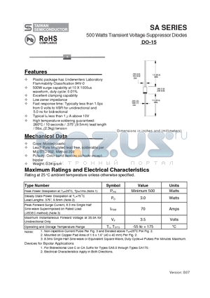 SA7.0 datasheet - 500 Watts Transient Voltage Suppressor Diodes