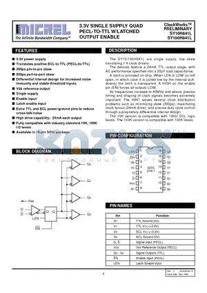 SY10H841LZC datasheet - 3.3V SINGLE SUPPLY QUAD PECL-TO-TTL W/LATCHED OUTPUT ENABLE