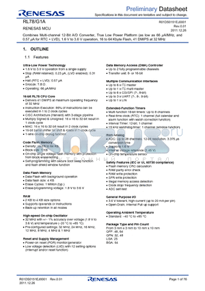 R5F10ELCAFB datasheet - Combines Multi-channel 12-Bit A/D Converter, True Low Power Platform (as low as 66 lA/MHz, and 0.57 lA for RTC  LVD), 1.6 V to 3.6 V operation, 16 to 64 Kbyte Flash, 41 DMIPS at 32 MHz