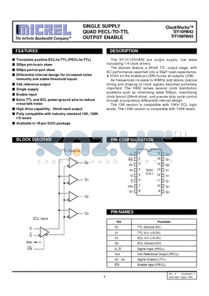 SY10H842ZC datasheet - SINGLE SUPPLY QUAD PECL-TO-TTL OUTPUT ENABLE