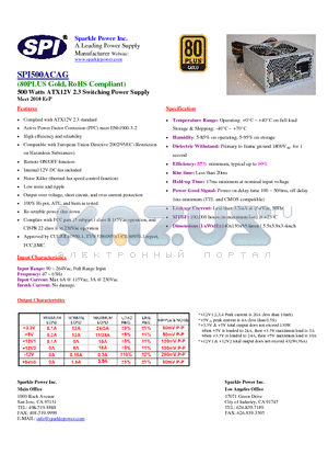 SPI500ACAG datasheet - 500 Watts ATX12V 2.3 Switching Power Supply Meet 2010 ErP