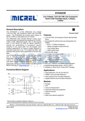 SY54023R datasheet - Low Voltage 1.2V/1.8V CML 2x2 Crosspoint Switch with Fail-Safe Inputs, 3.2Gbps, 2.5GHz