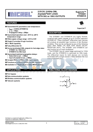 SY55851 datasheet - 2.5V/3V, 3.0GHz CML AnyGate^ANY LOGIC WITH 50Y or 100Y OUTPUTS