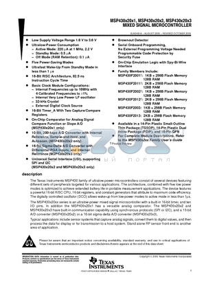 MSP430F2001 datasheet - MIXED SIGNAL MICROCONTROLLER