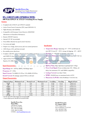 SPI600ACH5B datasheet - 600 Watts EPS12V & ATX12V Switching Power Supply