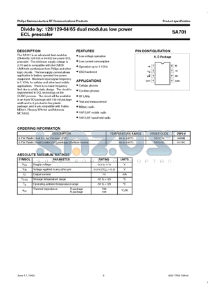 SA701D datasheet - Divide by: 128/129-64/65 dual modulus low power ECL prescaler