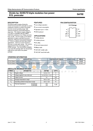 SA702D datasheet - Divide by: 64/65/72 triple modulus low power ECL prescaler