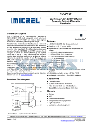 SY56023RMGTR datasheet - Low Voltage 1.2V/1.8V/2.5V CML 2x2 Crosspoint Switch 6.4Gbps with Equalization