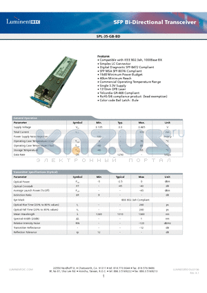 SPL-35-GB-BD-TNA datasheet - SFP Bi-Directional Transceiver