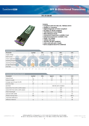 SPL-43-GB-BD-TDA datasheet - SFP Bi-Directional Transceiver