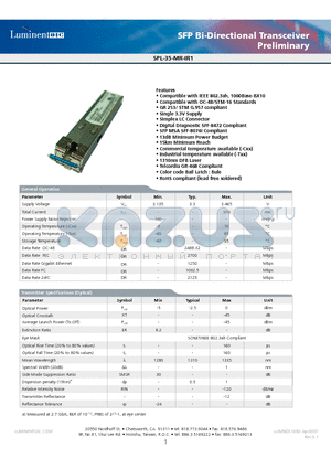 SPL-35-MR-IR1-TNA datasheet - SFP Bi-Directional Transceiver Preliminary