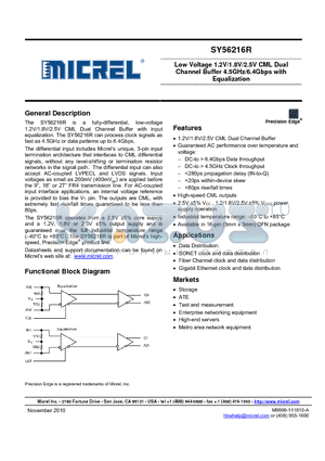 SY56216RMG datasheet - Low Voltage 1.2V/1.8V/2.5V CML Dual Channel Buffer 4.5GHz/6.4Gbps with Equalization