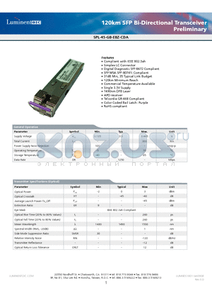 SPL-45-GB-EBZ-CDA datasheet - 120km SFP Bi-Directional Transceiver Preliminary
