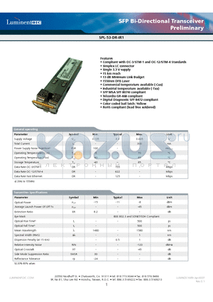 SPL-53-DR-IR1-TDA datasheet - SFP Bi-Directional Transceiver Preliminary