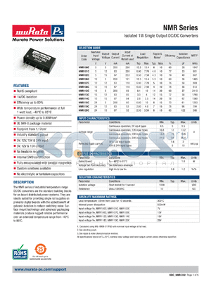 NMR119C datasheet - Isolated 1W Single Output DC/DC Converters