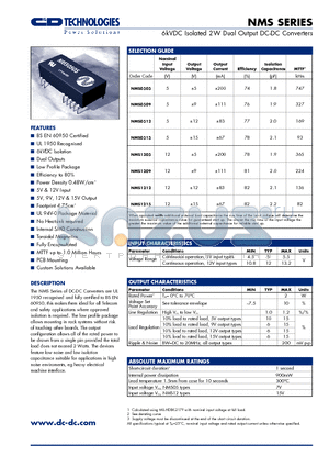 NMS datasheet - 6kVDC Isolated 2W Dual Output DC-DC Converters