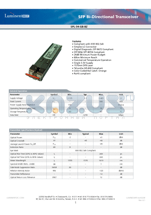 SPL-54-GB-BZ-CNA datasheet - SFP Bi-Directional Transceiver