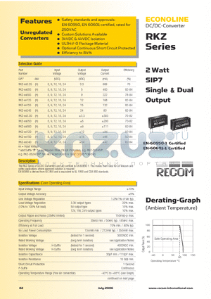 RKZ-1524D datasheet - 2 Watt SIP7 Single & Dual Output