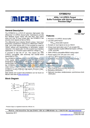 SY58021UMGTR datasheet - 4GHz, 1:4 LVPECL Fanout Buffer/Translator with Internal Termination Precision Edge^