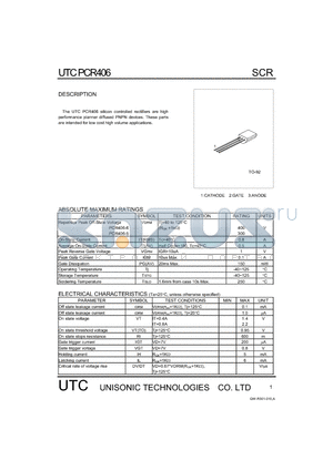 PCR406-6 datasheet - UTC PCR406 silicon controlled rectifiers are high performance planner diffused PNP devices