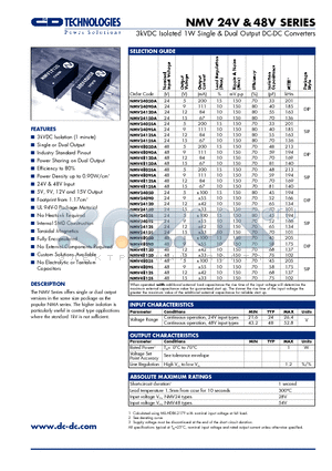 NMV4812DA datasheet - 3kVDC Isolated 1W Single & Dual Output DC-DC Converters