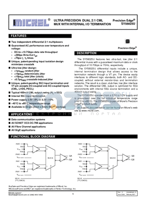 SY58025U datasheet - ULTRA PRECISION DUAL 2:1 CML MUX WITH INTERNAL I/O TERMINATION