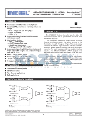 SY58026UMITR datasheet - ULTRA PRECISION DUAL 2:1 LVPECL MUX WITH INTERNAL TERMINATION