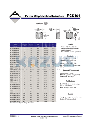 PCS104-101M-RC datasheet - Power Chip Shielded Inductors