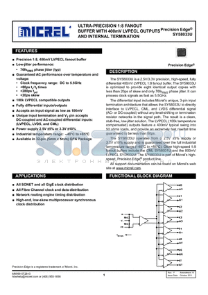 SY58033U datasheet - ULTRA-PRECISION 1:8 fanout buffer WITH 400mV LVPECL outputs