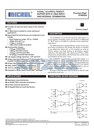 SY58035UMGTR datasheet - 4.5GHz, 1:6 LVPECL FANOUT BUFFER WITH 2:1 MUX INPUT AND INTERNAL TERMINATION