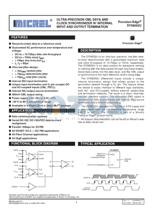 SY58052UMI datasheet - ULTRA-PRECISION CML DATA AND CLOCK SYNCHRONIZER W/ INTERNAL INPUT AND OUTPUT TERMINATION