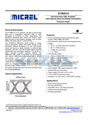 SY58051UMGTR datasheet - Ultra-Precision CML AnyGate ^ with Internal Input and Output Termination