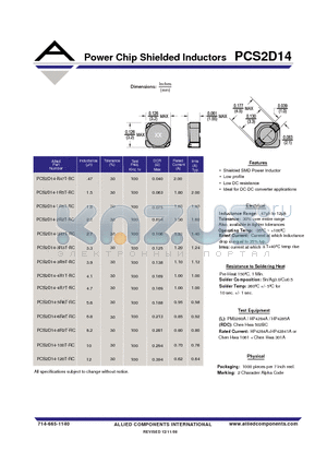 PCS2D14-1R5T-RC datasheet - Power Chip Shielded Inductors
