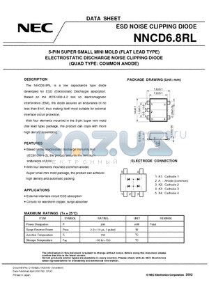 NNCD6.8RL datasheet - 5-PIN SUPER SMALL MINI MOLD (FLAT LEAD TYPE) ELECTROSTATIC DISCHARGE NOISE CLIPPING DIODE (QUAD TYPE: COMMON ANODE)