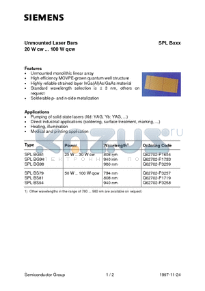 SPLBS81 datasheet - Unmounted Laser Bars 20 W cw ... 100 W qcw