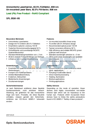 SPLBS81-9S datasheet - Un-mounted Laser Bars, 82.5% Fill-factor, 808 nm