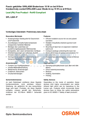 SPLLG91-P datasheet - Conductively cooled SIRILAS^ Laser Diode Array 15 W cw at 915nm