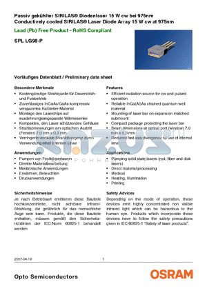 SPLLG98-P datasheet - Conductively cooled SIRILAS^ Laser Diode Array 15 W cw at 975nm