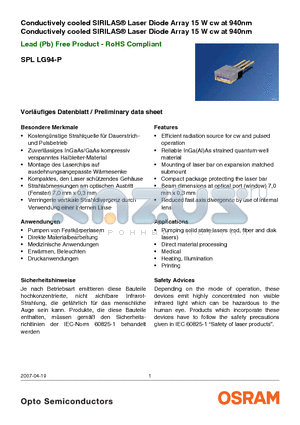 SPLLG94-P datasheet - Conductively cooled SIRILAS^ Laser Diode Array 15 W cw at 940nm