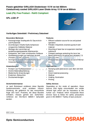 SPLLG81-P datasheet - Passiv gekuhlter SIRILAS Diodenlaser 15 W cw bei 808nm Conductively cooled SIRILAS^ Laser Diode Array 15 W cw at 808nm