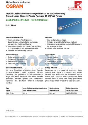 SPLPL90 datasheet - Impuls-Laserdiode im Plastikgeh^se 25 W Spitzenleistung Pulsed Laser Diode in Plastic Package 25 W Peak PowerLead (Pb) Free Product - RoHS Compliant