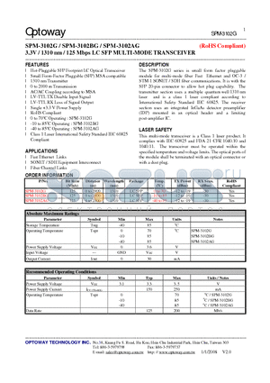 SPM-3102AG datasheet - 3.3V / 1310 nm / 125 Mbps LC SFP MULTI-MODE TRANSCEIVER