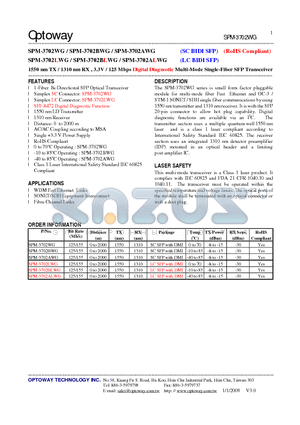 SPM-3702LWG datasheet - 1550 nm TX / 1310 nm RX , 3.3V / 125 Mbps Digital Diagnostic Multi-Mode Single-Fiber SFP Transceiver