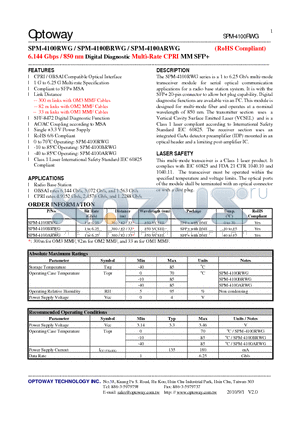 SPM-4100RWG datasheet - 6.144 Gbps / 850 nm Digital Diagnostic Multi-Rate CPRI MMSFP