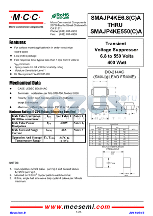 SMAJP4KE10A datasheet - Transient Voltage Suppressor 6.8 to 550 Volts 400 Watt