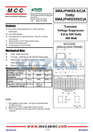 SMAJP4KE110A datasheet - Transient Voltage Suppressor 6.8 to 550 Volts 400 Watt