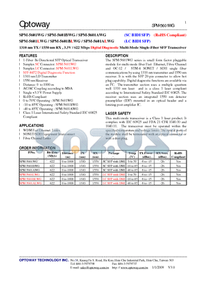 SPM-5601WG datasheet - 1310 nm TX / 1550 nm RX , 3.3V / 622 Mbps Digital Diagnostic Multi-Mode Single-Fiber SFP Transceiver