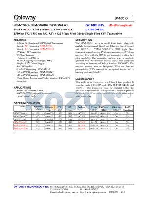 SPM-5701BLG datasheet - 1550 nm TX / 1310 nm RX , 3.3V / 622 Mbps Multi-Mode Single-Fiber SFP Transceiver